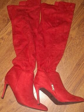 Red Knee-High Stiletto Boots - Women's Fashion Boots